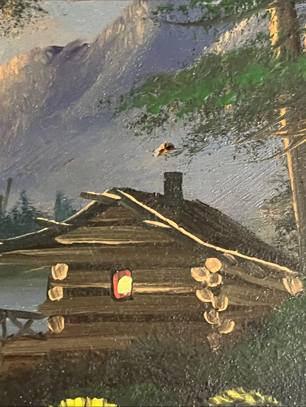 Hand painted wood cabin scene (Joe Breckenridge) possibly wall decor